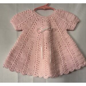 Handmade Crochet Baby Dress Pink Short Sleeve Ribbon Buttons‎ Newborn Gift 3-6m